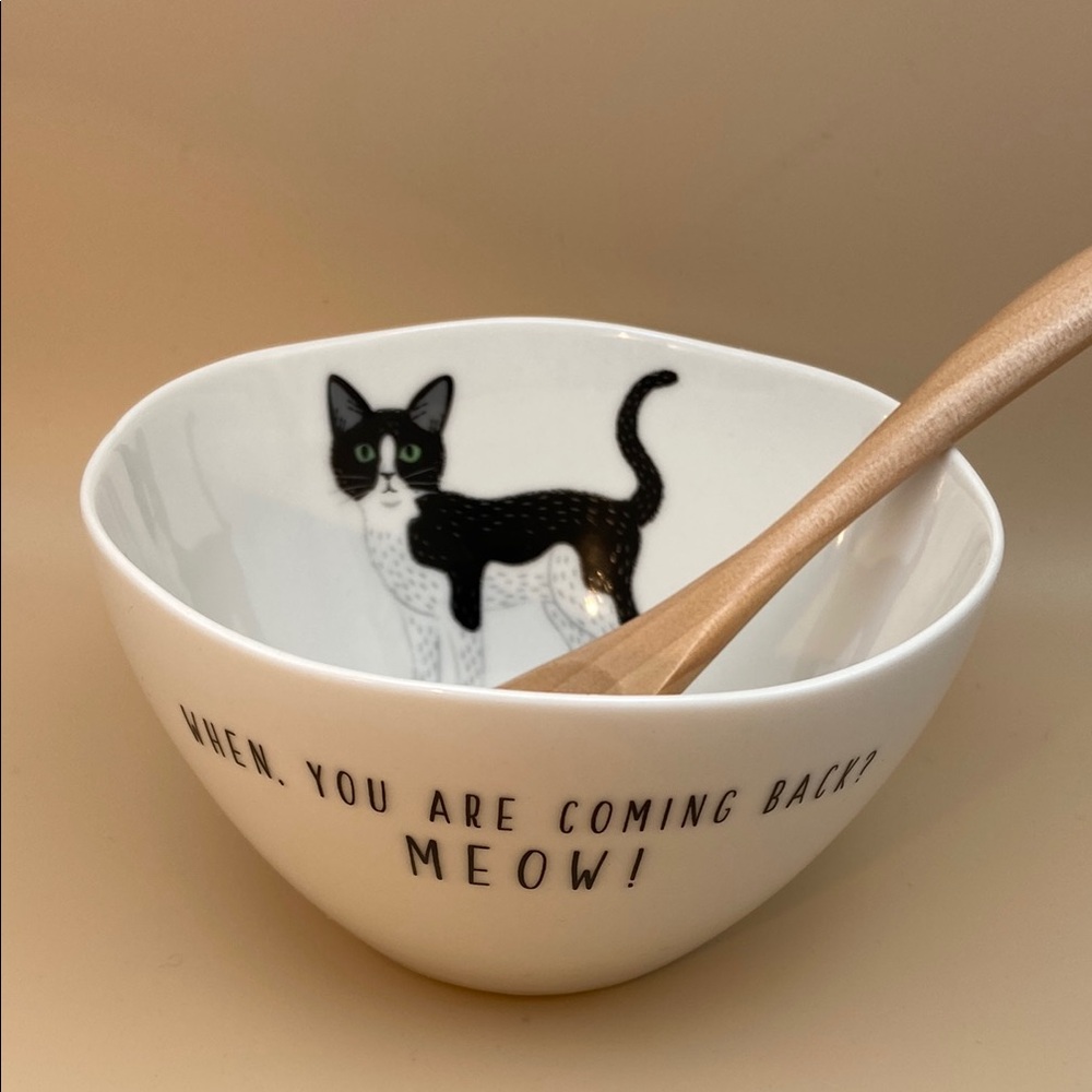 Ogura Pottery Neko-chan Bowl Mikenko (with Wooden Spoon)  Meow Meow